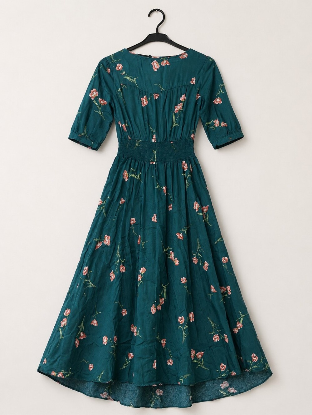 Jaase Teal Floral Boho Maxi Dress Smocked Waist High Low Hem Small - Picture 3 of 16